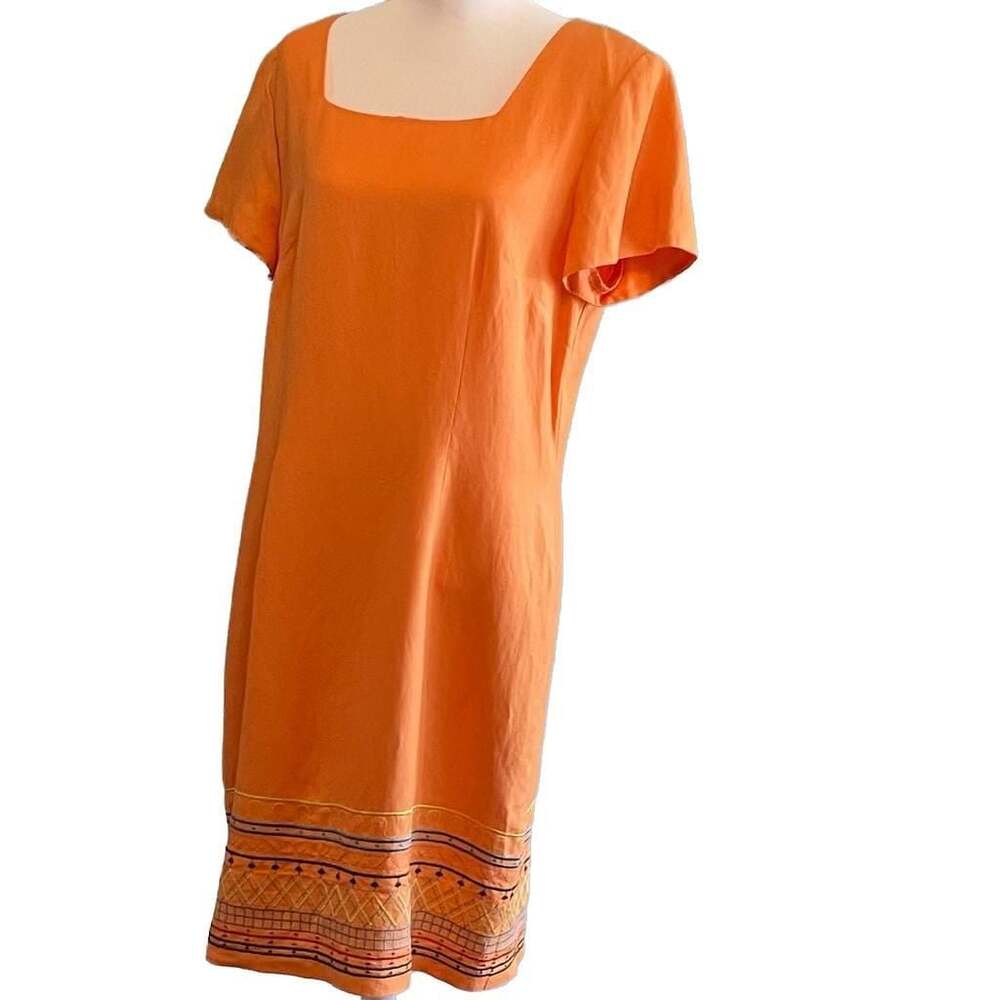 VTG Karin Stevens Orange Linen Blend Embroidered Hem Shift‎ Dress Sz. 16 EUC